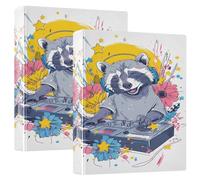 3 Ring Binder Cartoon Raccoon Dj A4 Binders with Clip Hold 200 Sheets with PVC Pockets Files Organisation for School Office Supplies 2 Pack