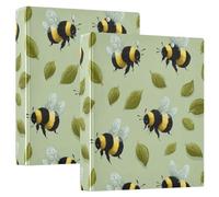 3 Ring Binder Cute Bees Green Leaves A4 Binders with Clip Hold 200 Sheets with PVC Pockets Files Organisation for School Office Supplies 2 Pack