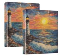 3 Ring Binder Oil Painting Sunset Lighthouse A4 Binders with Clip Hold 200 Sheets with PVC Pockets Files Organisation for School Office Supplies 2 Pack