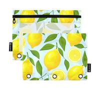 3 Ring Binder Pencil Pouch Sliced Yellow Lemons Light Blue Zipper Binder Pencils Bags Modern School Binders Clear Pockets Floral 9.8" x 7.1", 2 Packs