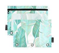 3 Ring Binder Pencil Pouch Tropical Banana Leaves Turquoise Pen Pencil Bag Zipper Binder Cute Print School Binders Clear Pockets Pastel 9.8" x 7.1", 2 Packs