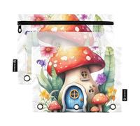 3 Ring Binder Pencil Pouch Whimsical Fairy Tale Mushroom House Zipper Binder Pencil Bag Pen Cute Print Clear Binders Pen Case School Pink 9.8" x 7.1", 2 Packs