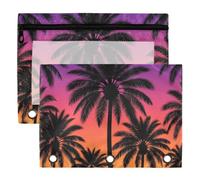 3 Ring Binder Pouches, 2 Pack Waterproof Polyester Pencil Pouch with Clear Window, Standard 3 Hole for School Office Supplies Palm Trees Sunset Tropical Paradise Beach Coconut Palm Tree