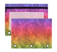 3 Ring Binder Pouches, 2 Pack Waterproof Polyester Pencil Pouch with Clear Window, Standard 3 Hole for School Office Supplies Colorful Rainbow Glitter Beautiful
