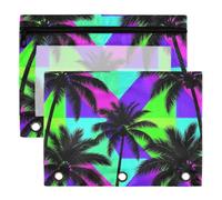 3 Ring Binder Pouches, 2 Pack Waterproof Polyester Pencil Pouch with Clear Window, Standard 3 Hole for School Office Supplies Neon Palm Trees Tropical Pattern