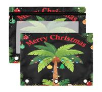 3 Ring Binder Pouches, 2 Pack Waterproof Polyester Pencil Pouch with Clear Window, Standard 3 Hole for School Office Supplies Merry Christmas Palm Tree Light Hawaiian Tropical Christmas