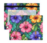3 Ring Binder Pouches, 2 Pack Waterproof Polyester Pencil Pouch with Clear Window, Standard 3 Hole for School Office Supplies Tropical Hibiscus Stained Glass Floral Hawaiian Design