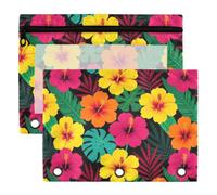 3 Ring Binder Pouches, 2 Pack Waterproof Polyester Pencil Pouch with Clear Window, Standard 3 Hole for School Office Supplies Hawaiian Hibiscus Flowers Surfer Colorful Floral