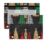 3 Ring Binder Pouches 2 Pack Waterproof Polyester Pencil Pouch with Clear Window, Standard 3 Hole for School Office Supplies Merry Christmas Trees with Buffalo Plaid & Leopard Design