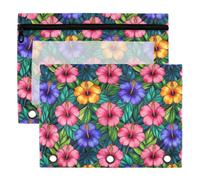 3 Ring Binder Pouches, 2 Pack Waterproof Polyester Pencil Pouch with Clear Window, Standard 3 Hole for School Office Supplies Tropical Hibiscus Stained Glass Floral Hawaiian Design