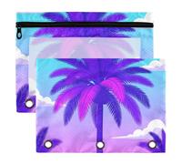 3 Ring Binder Pouches, 2 Pack Waterproof Polyester Pencil Pouch with Clear Window, Standard 3 Hole for School Office Supplies Palm Tree Tropical Teal Turquoise Purple