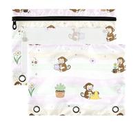 3 Ring Binder Pouches 2 Pack Waterproof Polyester Pencil Pouch with Clear Window, Standard 3 Hole for School Office Supplies Cute Curious Monkey and Flower