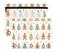 3 Ring Binder Pouches 2 Pack Waterproof Polyester Pencil Pouch with Clear Window, Standard 3 Hole for School Office Supplies Pastel Gingerbread Christmas Trees Candy Cane Holiday
