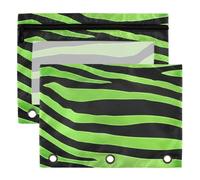 3 Ring Binder Pouches, 2 Pack Waterproof Polyester Pencil Pouch with Clear Window, Standard 3 Hole for School Office Supplies Zebra Animal Green and Black Colorful