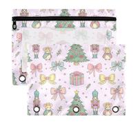 3 Ring Binder Pouches 2 Pack Waterproof Polyester Pencil Pouch with Clear Window, Standard 3 Hole for School Office Supplies Preppy Pastel Blush & Green Nutcracker Rat King Christmas