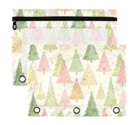 3 Ring Binder Pouches 2 Pack Waterproof Polyester Pencil Pouch with Clear Window, Standard 3 Hole for School Office Supplies Watercolor Christmas Trees Festive Winter Xmas Pastel Blush