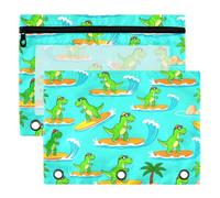 3 Ring Binder Pouches, 2 Pack Waterproof Polyester Pencil Pouch with Clear Window, Standard 3 Hole for School Office Supplies Fun Summer Surfing T-rex Dinosaur Pattern Tropical Beach Palm Tree All o