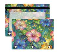 3 Ring Binder Pouches, 2 Pack Waterproof Polyester Pencil Pouch with Clear Window, Standard 3 Hole for School Office Supplies Tropical Hibiscus Stained Glass Floral Hawaiian Design