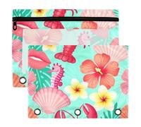 3 Ring Binder Pouches, 2 Pack Waterproof Polyester Pencil Pouch with Clear Window, Standard 3 Hole for School Office Supplies Tropical Lobster Hawaiian Floral Seamless Pattern Bright Red Blush Summer