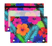 3 Ring Binder Pouches, 2 Pack Waterproof Polyester Pencil Pouch with Clear Window, Standard 3 Hole for School Office Supplies Tropical Vibrant Hibiscus Palm Leaf Seamless Pattern Colorful Hawaiian Fl