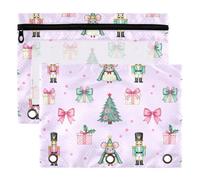 3 Ring Binder Pouches 2 Pack Waterproof Polyester Pencil Pouch with Clear Window, Standard 3 Hole for School Office Supplies Preppy Pastel Blush & Green Nutcracker Rat King Christmas