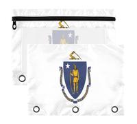3 Ring Binder Pouches 2 Pack Waterproof Polyester Pencil Pouch with Clear Window, Standard 3 Hole for School Office Supplies Massachusetts State Flag