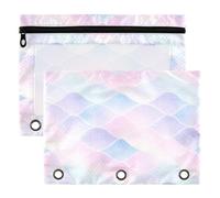 3 Ring Binder Pouches, 2 Pack Waterproof Polyester Pencil Pouch with Clear Window, Standard 3 Hole for School Office Supplies Mermaid Scales Glitter Blue Purple Pastel