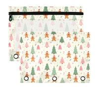 3 Ring Binder Pouches 2 Pack Waterproof Polyester Pencil Pouch with Clear Window, Standard 3 Hole for School Office Supplies Pastel Gingerbread Christmas Trees Candy Cane Holiday