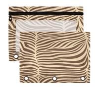 3 Ring Binder Pouches, 2 Pack Waterproof Polyester Pencil Pouch with Clear Window, Standard 3 Hole for School Office Supplies Aesthetic Vintage Zebra Brown Chocolate Pattern