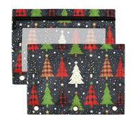 3 Ring Binder Pouches 2 Pack Waterproof Polyester Pencil Pouch with Clear Window, Standard 3 Hole for School Office Supplies Merry Christmas Trees with Buffalo Plaid & Leopard Pattern