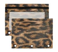 3 Ring Binder Pouches, 2 Pack Waterproof Polyester Pencil Pouch with Clear Window, Standard 3 Hole for School Office Supplies Classic Brown and Black Leopard Fur Seamless Pattern Warm Earth Tone Wild