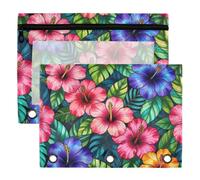 3 Ring Binder Pouches, 2 Pack Waterproof Polyester Pencil Pouch with Clear Window, Standard 3 Hole for School Office Supplies Tropical Hibiscus Stained Glass Floral Hawaiian Design