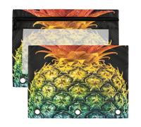 3 Ring Binder Pouches, 2 Pack Waterproof Polyester Pencil Pouch with Clear Window, Standard 3 Hole for School Office Supplies Pineapple Colorful Bright Hot Colors Tropical Hawaiian Fruit