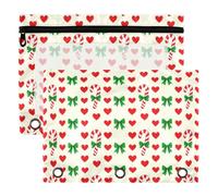 3 Ring Binder Pouches 2 Pack Waterproof Polyester Pencil Pouch with Clear Window, Standard 3 Hole for School Office Supplies Candy Canes and Hearts Pattern Red and Green Christmas Bows