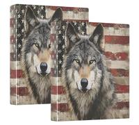 3 Ring Binder Wolf Front American Flag A4 Binders with Clip Hold 200 Sheets with PVC Pockets Files Organisation for School Office Supplies 2 Pack