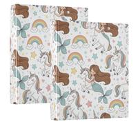 3 Ring Binders 1.5 Inch 2 Pack, Mermaid Unicorn Rainbow Decorative Three Ring Binder Holds 200 Sheets, Durable Basic Binders for School Office Home