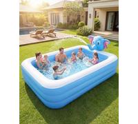 3 Ring Large Inflatable Swimming Pool with Funny Elephant Sprinkler for Garden, 2M Rectangular Family Paddling Pool for Kids & Adults, Durable Blow Up Lounge Pool (Blue and White)