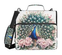 3 Ring Zipper Binder Peacock Pink Peony, 1.5 Inch Ring Binder Organizer Bag with Shoulder Strap Fits 13 Inch Laptop and 500 Sheets