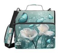 3 Ring Zipper Binder Spring Flowers Floral Teal Butterfly Binders Bag with Shoulder Strap 500 Sheets Paper Organizer Trapper Keeper Documents Storage File Folder for School Office