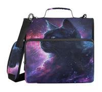3 Ring Zipper Binder with Shoulder Strap Black Cat in The Galaxy Binder Bag Expanding File Folder Storage Multiple Pockets