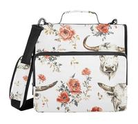 3 Ring Zipper Binder with Shoulder Strap Bull Flower Pattern Binder Bag Expanding File Folder Storage Multiple Pockets
