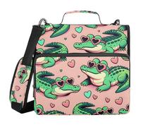 3 Ring Zipper Binder with Shoulder Strap Cartoon Crocodiles Heart Glasses Binder Bag Expanding File Folder Storage Multiple Pockets