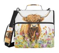 3 Ring Zipper Binder with Shoulder Strap Field Highland Cow Binder Bag Expanding File Folder Storage Multiple Pockets