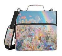 3 Ring Zipper Binder with Shoulder Strap Flower Field Rainbow Binder Bag Expanding File Folder Storage Multiple Pockets