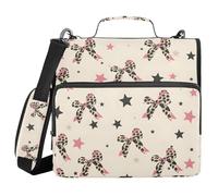 3 Ring Zipper Binder with Shoulder Strap for School Multiple Pockets Documents Storage Organizer Leopard Print Bow Black Five-Pointed Star Pattern
