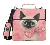 3 Ring Zipper Binder with Shoulder Strap for School Multiple Pockets Documents Storage Organizer Little Siamese Cat