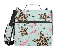 3 Ring Zipper Binder with Shoulder Strap for School Multiple Pockets Documents Storage Organizer Pink Bow Leopard Print Five-Pointed Star Pattern