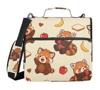 3 Ring Zipper Binder with Shoulder Strap for School Multiple Pockets Documents Storage Organizer Red Panda Apple Bread Banana Pattern