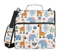3 Ring Zipper Binder with Shoulder Strap Giraffes Elephants Flower Binder Bag Expanding File Folder Storage Multiple Pockets