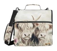 3 Ring Zipper Binder with Shoulder Strap Highland Cattle Flower Field Binder Bag Expanding File Folder Storage Multiple Pockets
